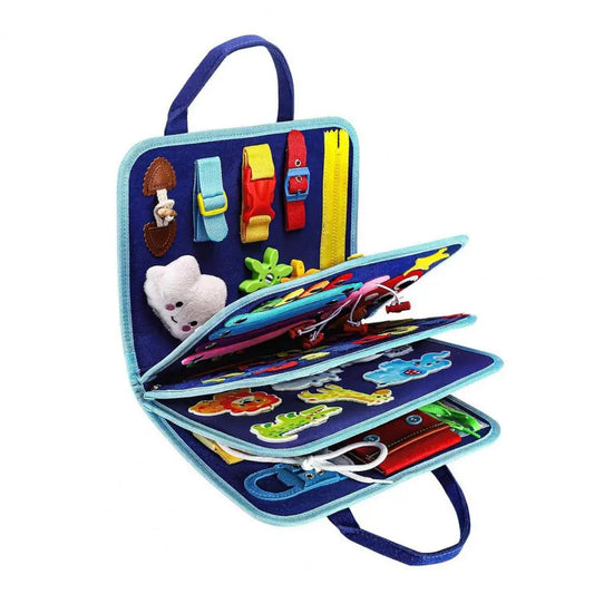Dino Busy Board Toy | Uncategorized | Dino Busy Board: The Ultimate Montessori Learning ToyThis 8-sided Dino Busy Board serves as a portable learning center designed to engage toddlers in creative and quiet activities. It captivates children for hours whi