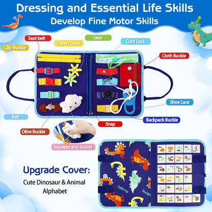 Dino Busy Board Toy | Uncategorized | Dino Busy Board: The Ultimate Montessori Learning ToyThis 8-sided Dino Busy Board serves as a portable learning center designed to engage toddlers in creative and quiet activities. It captivates children for hours whi