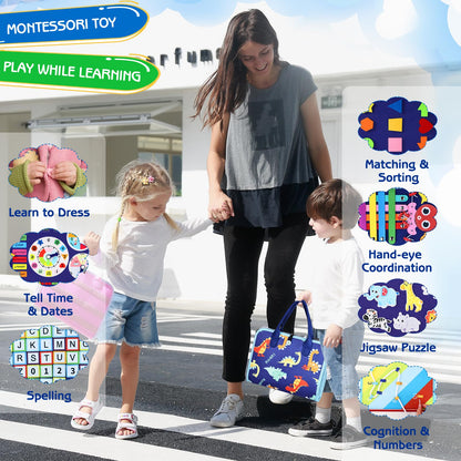 Dino Busy Board Toy | Uncategorized | Dino Busy Board: The Ultimate Montessori Learning ToyThis 8-sided Dino Busy Board serves as a portable learning center designed to engage toddlers in creative and quiet activities. It captivates children for hours whi
