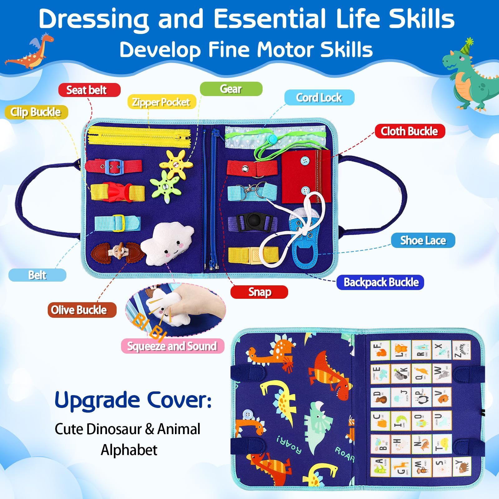 Dino Busy Board | 8-Sided Montessori Educational Toy, Travel-Friendly, Sensory Activities 5