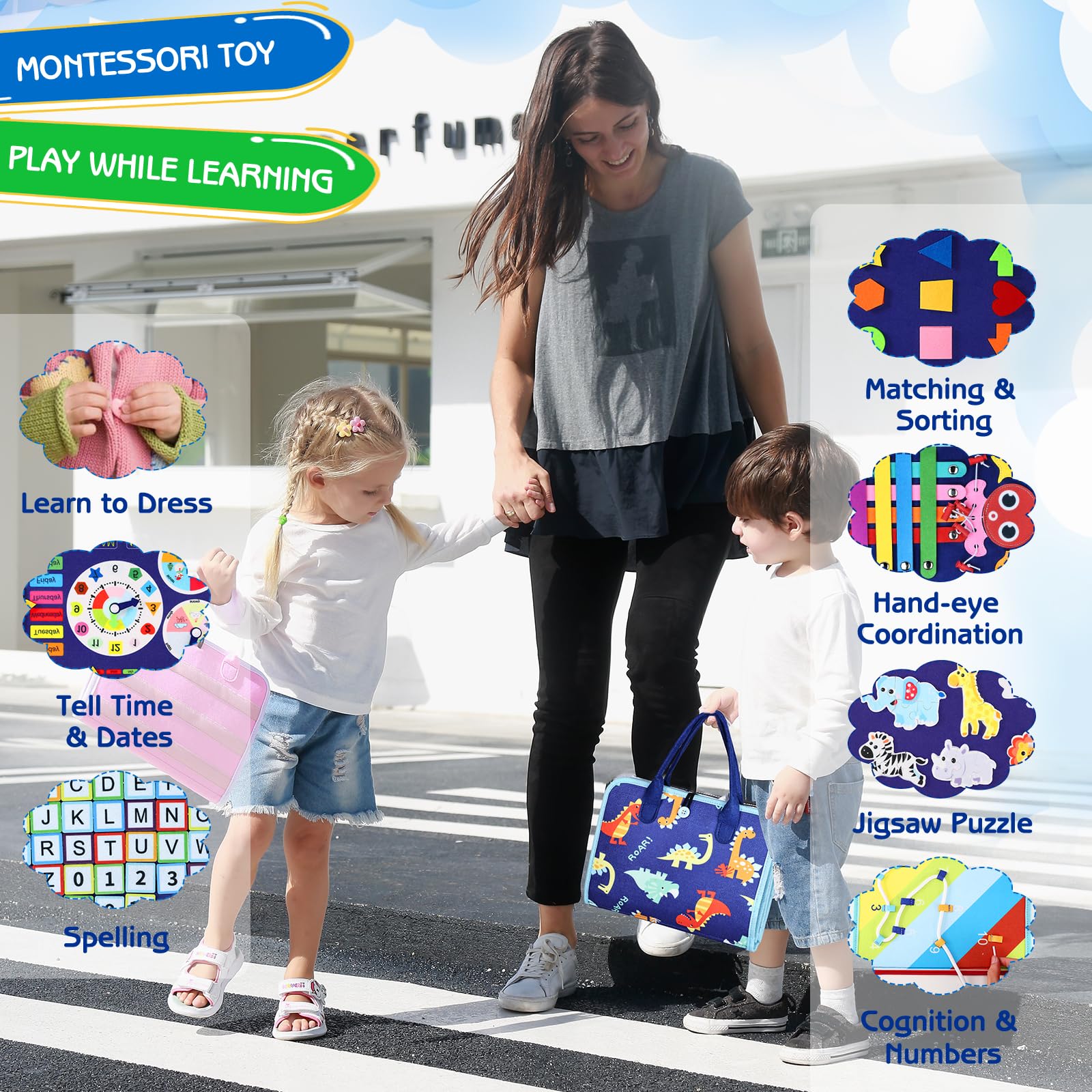Dino Busy Board | 8-Sided Montessori Educational Toy, Travel-Friendly, Sensory Activities 6